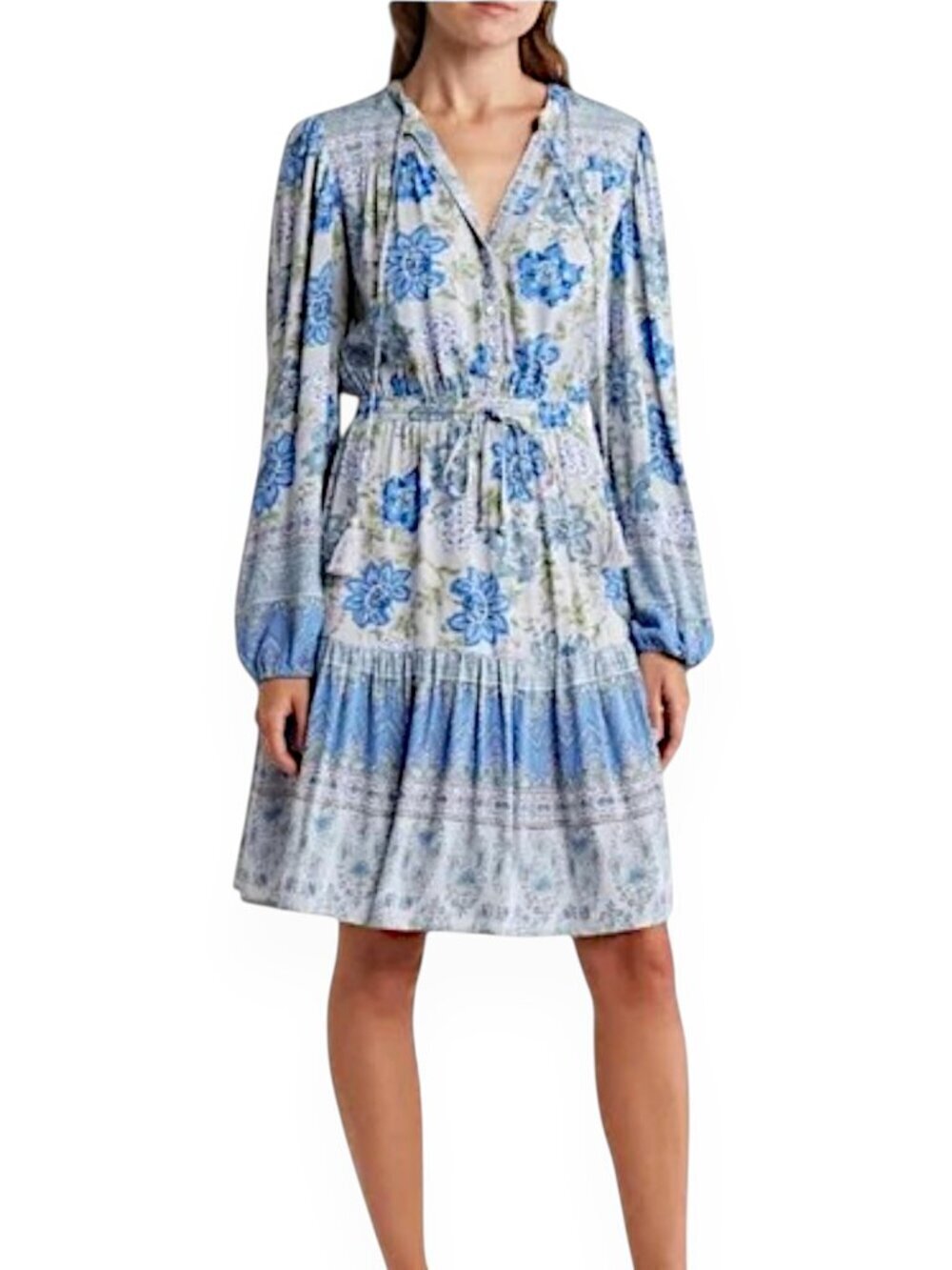 Lucky Brand Blue Floral Pattern Elastic Waist Long Sleeve Bohemian Dress NWT L